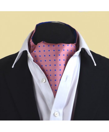 Fine Silk Spotted Cravat with Blue Spots on Warm Pink